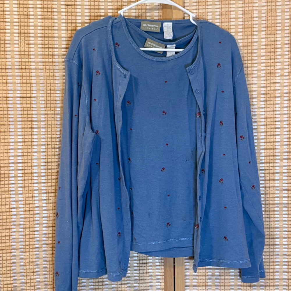 Liz Claiborne Lizwear Blue Floral Embroidered Cardigan and Tank Twin Set XL
